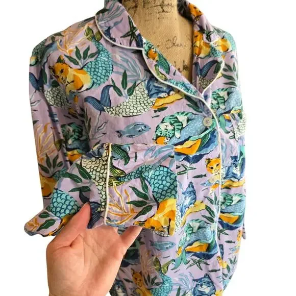 Printfresh meowing mermaids cat cotton sleep top button pajama shirt purple XS - Picture 2 of 4